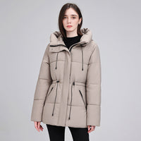 Damen wattierter Kapuzenparka mit taillierbarem Kordelzug und Rippbündchen - Khaki