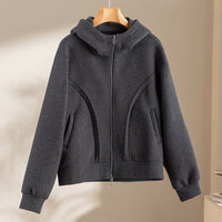 Damen Relaxed-Fleece-Hose mit hoher Taille, Tunnelzug und dekorativer Seitennaht Nord Taschen - Dunkelgrau-schwarzes Oberteil