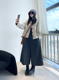 Damen Kurzjacke im Worker-Stil mit Cordkragen und aufgesetzten Pattentaschen Nord Taschen - Beigegrau