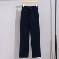Damen Breite Baumwoll-Frottee-Loungehose mit hohem Bund und Tunnelzug Nord Taschen - Navyblaue Hose