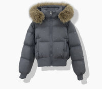 Damen kurzer gesteppter Blouson mit abnehmbarer Kapuze - Grau