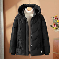 Damen gesteppte Thermo-Outdoorjacke mit Kapuze und Blumenstickerei - Schwarz