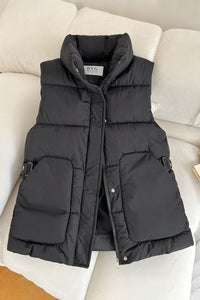 Damen wattierte Utility-Weste mit Stehkragen und großen Pattentaschen - Schwarz