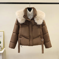 Damen kurze Steppjacke mit voluminösem Webpelzkragen und Taillenriemen - Braun