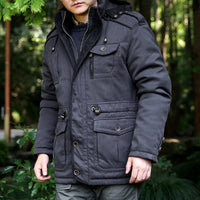 Herren Parka mit Kapuze, Kordelzug, Knöpfen und Taschen - Schwarz
