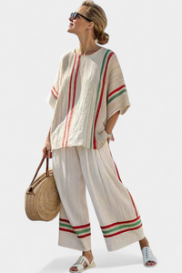 Mila | Bequeme Boho-Print-Bluse & Lockere Hose - Mehrfarbige Streifen
