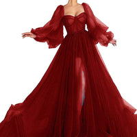 Damen Tüll Abendkleid mit voluminösen Ärmeln und seitlichem Schlitz - Rot