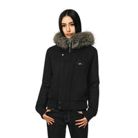 Damen kurze Bomberjacke mit voluminöser Kapuze und Daumenlochbündchen - Schwarz