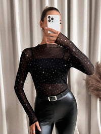 Damen nan transparentes Langarm-Netzshirt mit Strassapplikationen und integriertem Untertop - Schwarz