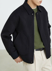 Herren Boxy Wollmix-Zipjacke mit verdeckter Knopfleiste und runden aufgesetzten Taschen Nord Taschen - Schwarz