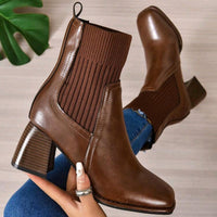 Damen Schlupf-Stiefeletten mit Blockabsatz und Strickschaft - Braun