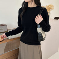 Damen Feiner Rundhals-Pullover aus Kaschmir-Mix mit gerippten Bündchen Nord Taschen - Titanschwarz
