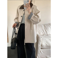 Damen Leichte Oversize-Übergangsjacke mit Kontrastkragen und kariertem Ärmelsaum Nord Taschen - Ecru
