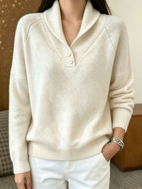 Martha | Damen Langarmpullover mit Knöpfen - Beige Weiß