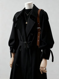 Damen langer doppelreihiger Trenchcoat mit Schulterklappen und Taillengürtel Nord Taschen - Schwarz