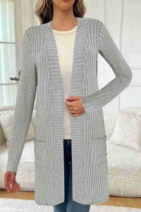 Damen Longline Langarm-Cardigan mit Taschen - Grau