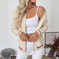 Damen Langarm Zip-Up Bomber Cardigan mit Taschen - Grau-Aprikose