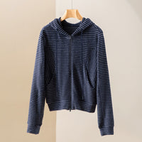 Damen Gestreifte Kapuzen-Zip-Strickjacke mit Eingrifftaschen und schmalem Rippbündchen Nord Taschen - Dunkelblau Gestreiftes Oberteil