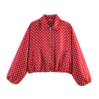 Damen Cropped Bomberjacke mit Ballonärmeln, elastischem Saum und Reverskragen Nord Taschen - Rot gepunktet