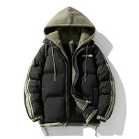 Herren wattierter Parka mit innenliegendem Hoodie und Zwei-Wege-Reißverschluss - Schwarz mit Grünbesatz