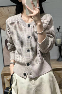 Damen Mesh-Cardigan mit Rundhalsausschnitt, Knopfleiste und langen Ärmeln - Hellcamel