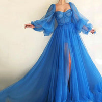 Damen Tüll Abendkleid mit voluminösen Ärmeln und seitlichem Schlitz - Hellblau