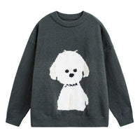 Damen Oversized Rundhals Pullover mit Hundemotiv - Galaxie Grau