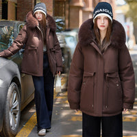 Damen kurzer Thermoparka mit abnehmbarem Kunstfellkragen und Taschen - Braun