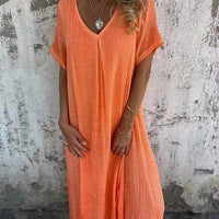 Naduni - Stilvolles Kleid Aus Baumwolle Und Leinen Mit V-Ausschnitt - Orange