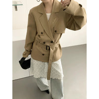 Damen Kurztrenchjacke mit taillierendem Bindegürtel und voluminösen Ballonärmeln Nord Taschen - Khaki