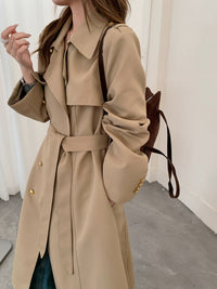 Damen Taillierter Trenchcoat mit Bindegürtel und goldenen Knopfdetails Nord Taschen - Khaki
