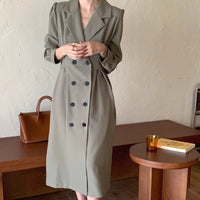 Damen zweireihiges Blazerkleid mit Puffärmeln und langem Revers - Matcha-Grün