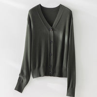 Damen Feiner V-Ausschnitt Cardigan mit Knopfleiste und geripptem Saum Nord Taschen - Grün