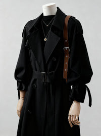 Damen Doppelreihiger Trenchcoat mit Taillengürtel und Ballonärmeln Nord Taschen - Schwarz