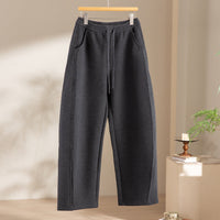 Damen Relaxed-Fleece-Hose mit hoher Taille, Tunnelzug und dekorativer Seitennaht Nord Taschen - Dunkelgrau-schwarze Hose