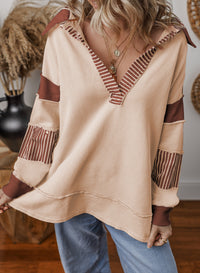 Damen Oversized V-Ausschnitt Gestreifter Sweatshirt - Khaki