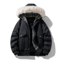 Herren wattierte Winterjacke mit Kapuze und abnehmbarem Kunstfellkragen - Schwarz