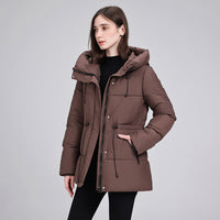 Damen wattierter Kapuzenparka mit taillierbarem Kordelzug und Rippbündchen - Braun