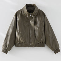 Damen Oversized Lederimitat-Bomberjacke mit Stehkragen und elastischem Saum Nord Taschen - Olivgrün