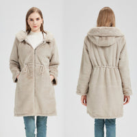 Damen langer Parka mit abnehmbarer Kapuze und taillenverstellbarem Kordelzug - Beigegrau