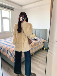 Damen Teddy-Mantel aus Kunstfell mit Oversize-Schnitt und Eingrifftaschen Nord Taschen - Gelb