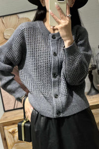 Damen Mesh-Cardigan mit Rundhalsausschnitt, Knopfleiste und langen Ärmeln - Grau