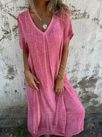 Naduni - Stilvolles Kleid Aus Baumwolle Und Leinen Mit V-Ausschnitt - Rosa