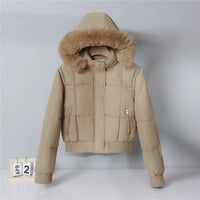 Damen kurzes wattiertes Kapuzenblouson mit Kunstfellkragen - Khaki