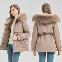 Damen Kurzmantel mit Kunstfellkapuze und Tunnelzug - Khaki