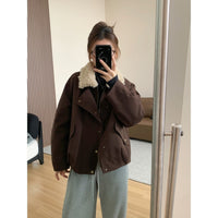 Damen Kurze Oversize-Bomberjacke mit Teddykragen und Druckknopfdetails Nord Taschen - Kaffeebraun