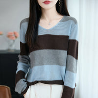 Damen Pullover mit V-Ausschnitt und Streifen - Blau gestreift