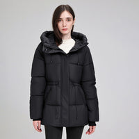 Damen wattierter Kapuzenparka mit taillierbarem Kordelzug und Rippbündchen - Schwarz