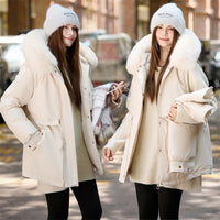 Damen kurzer Thermoparka mit abnehmbarem Kunstfellkragen und Taschen - Offwhite