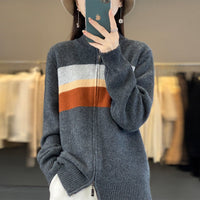 Damen Strickjacke mit Streifen und Reissverschluss - Grau